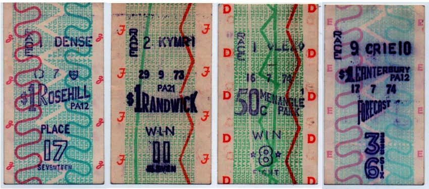 Image of tote tickets from Randwick, Rosehill, Cantebury and Menangle